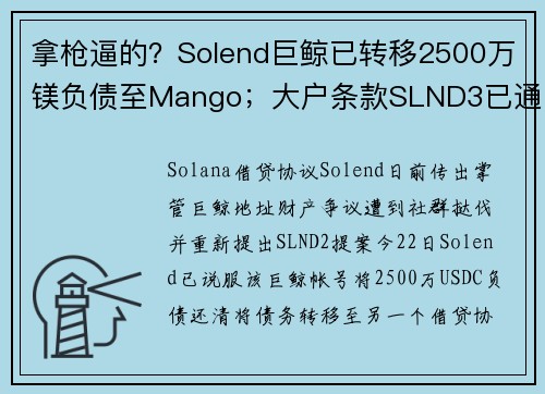 拿枪逼的？Solend巨鲸已转移2500万镁负债至Mango；大户条款SLND3已通过